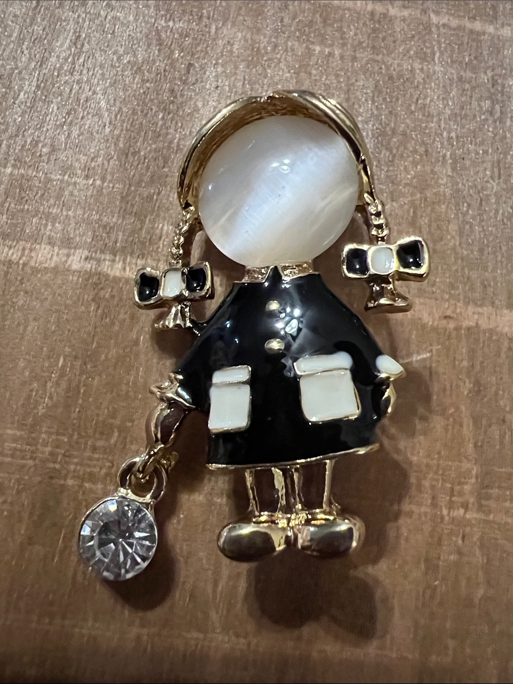 3/$18 Gold-Tone Black & White Girl Charm Pin with Crystal Accent Lot 592